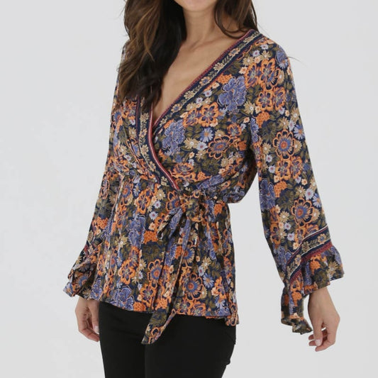 Navy Floral Wrap Top with Flowy Sleeves